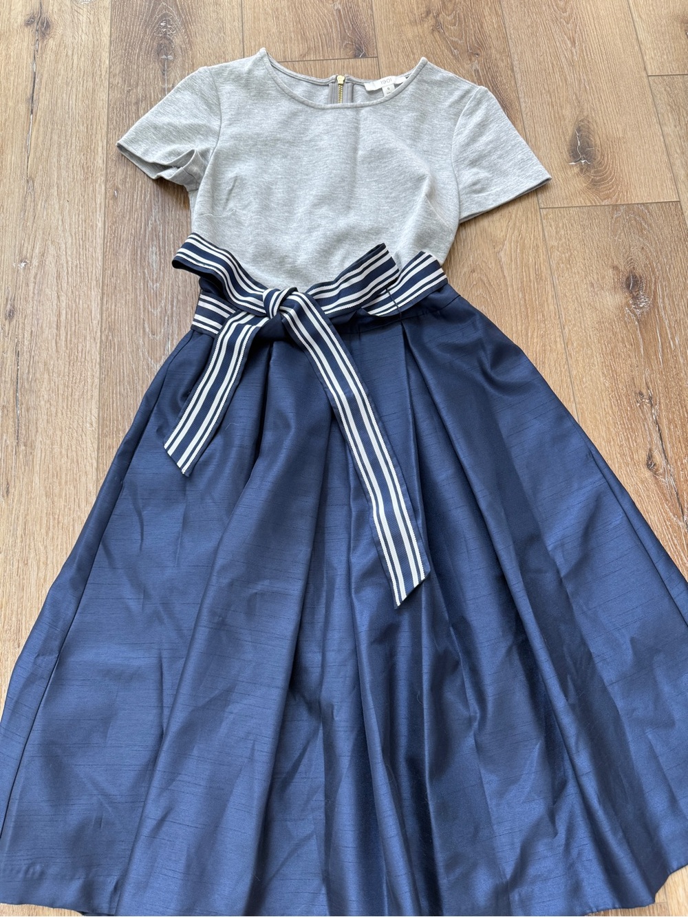 1901 Grey Top and Navy Midi Dress with Striped Waist Bow